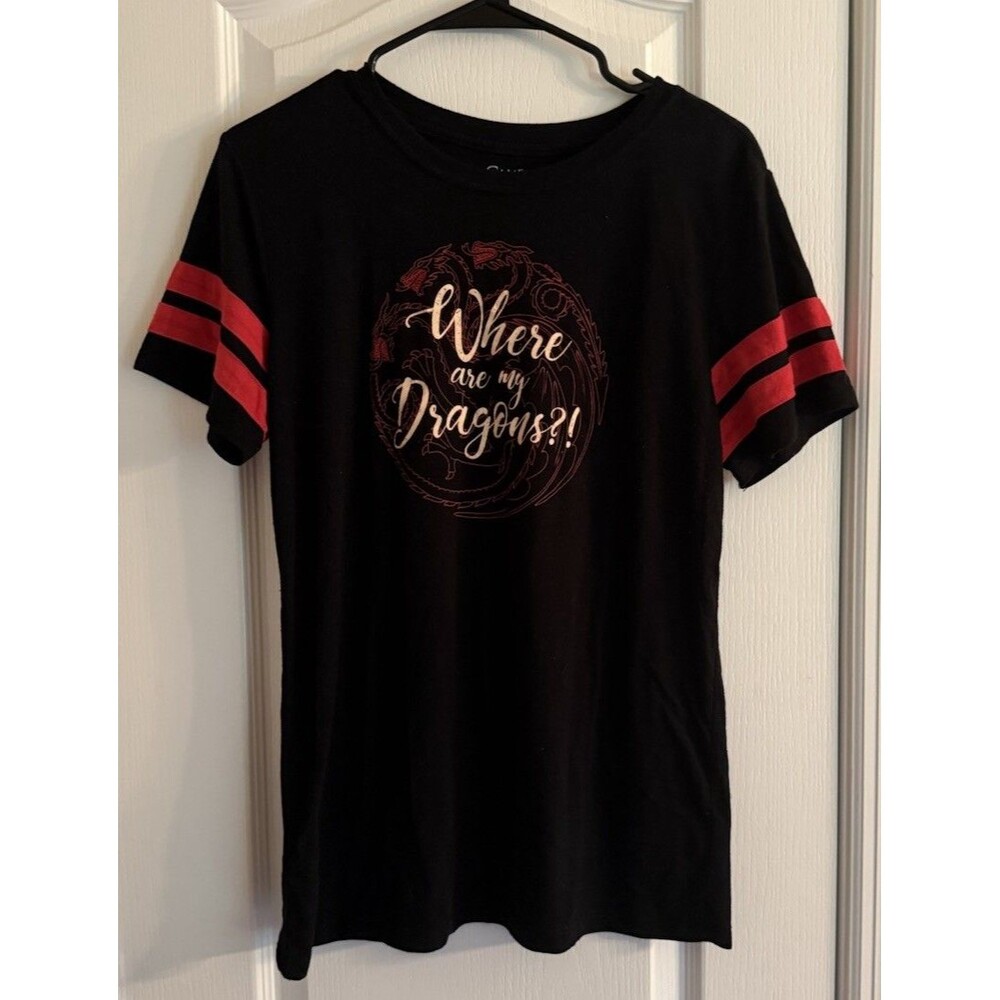 Game of Thrones Shirt Women’s Size Large Black Red My Dragons Short Sleeve
